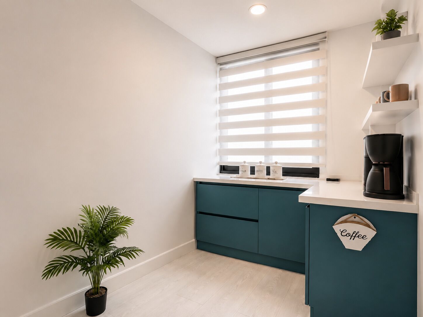 A modern kitchen with a window, a coffee machine, and a potted plant.