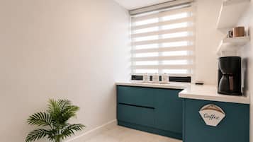 A modern kitchen with a window, a coffee machine, and a potted plant.