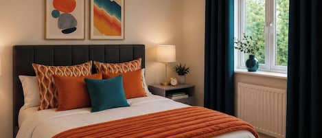 A bedroom with a bed, pillows, a bedside table with a lamp, a window with curtains, and two wall art pieces.