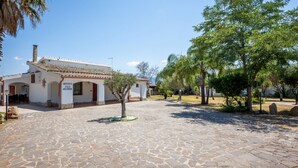A courtyard with cobblestone flooring, a building with a tiled roof, and trees.