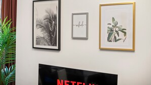 A wall with three framed pictures, a television, and a potted plant. - The Hallmark Birmingham Flat (Birmingham)