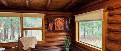 L’intérieur d’une cabane en rondins, avec un plafond en bois, une chaise, une petite table et une fenêtre donnant sur une forêt.