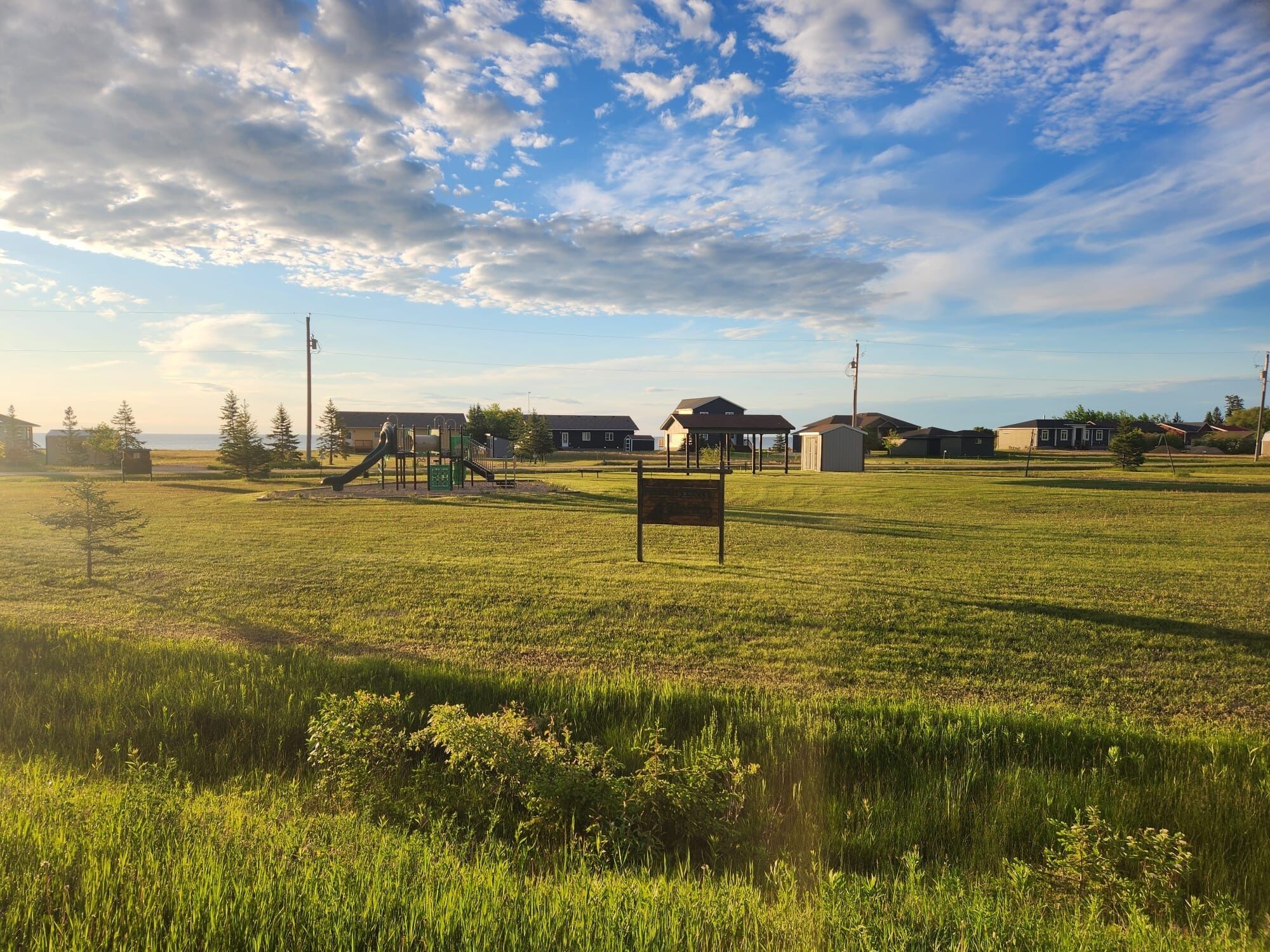 A grassy field with a playground, a small shelter, and residential buildings in the background.
