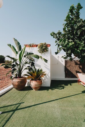 A rooftop garden with artificial grass, potted plants, and a white wall structure.