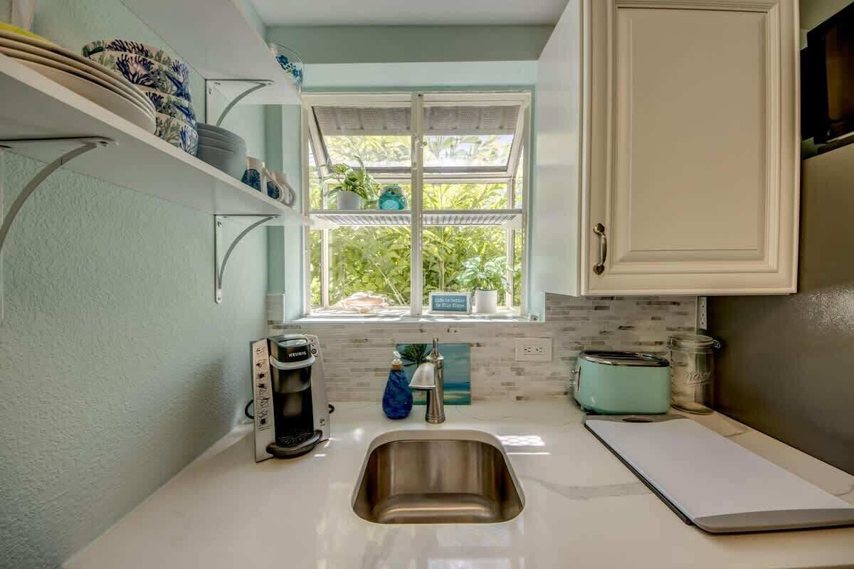 A kitchen with a stainless steel sink, a window with a view of greenery, a coffee maker, and a toaster.