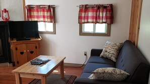 Un salon avec une table en bois, un canapé, un téléviseur posé sur un meuble et deux fenêtres avec des rideaux.