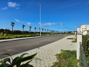 A paved road with a sidewalk, lined with palm trees and street lamps, leading to a residential area with white buildings.