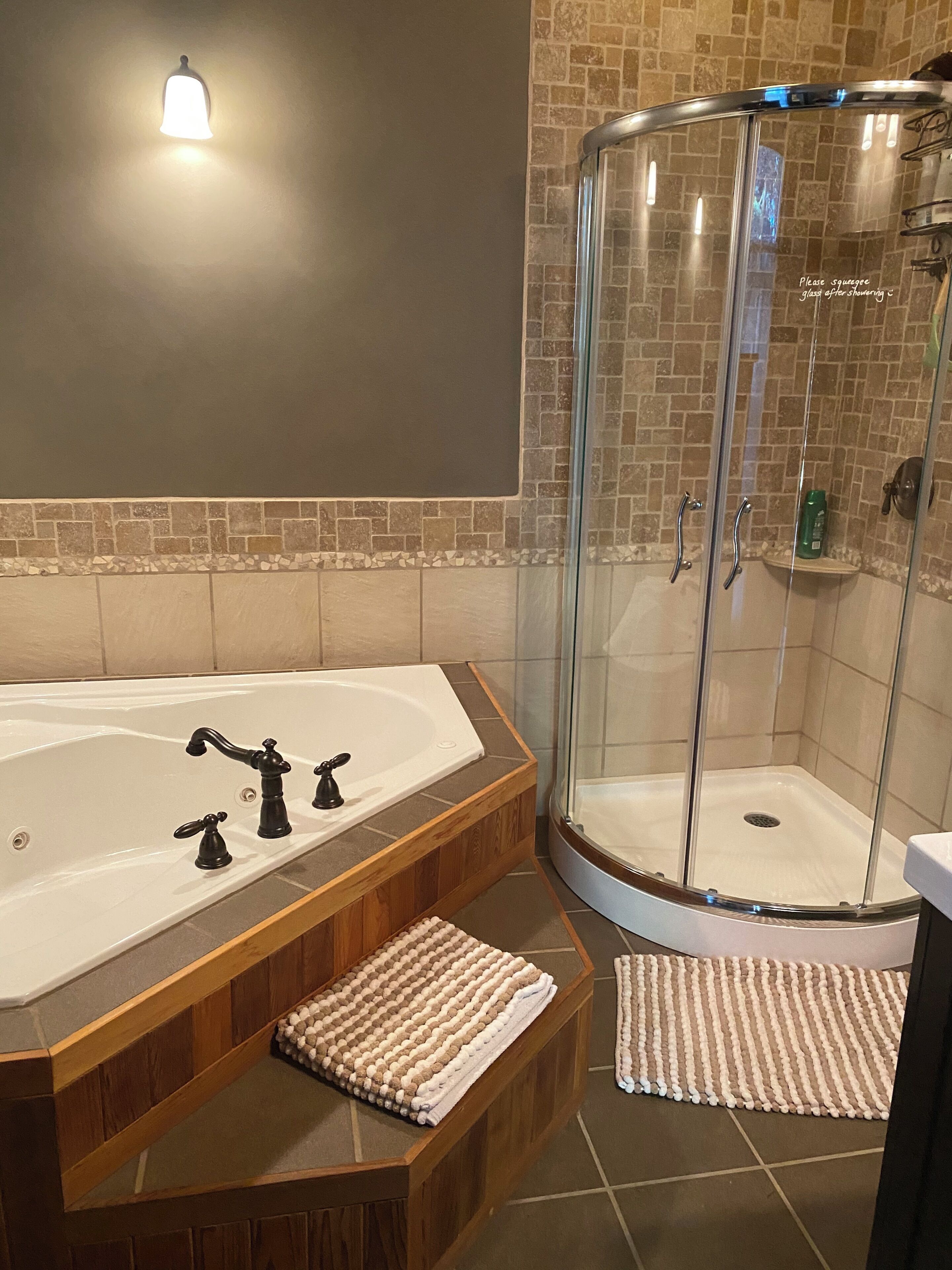 Jetted tub, hair dryer, towels, soap