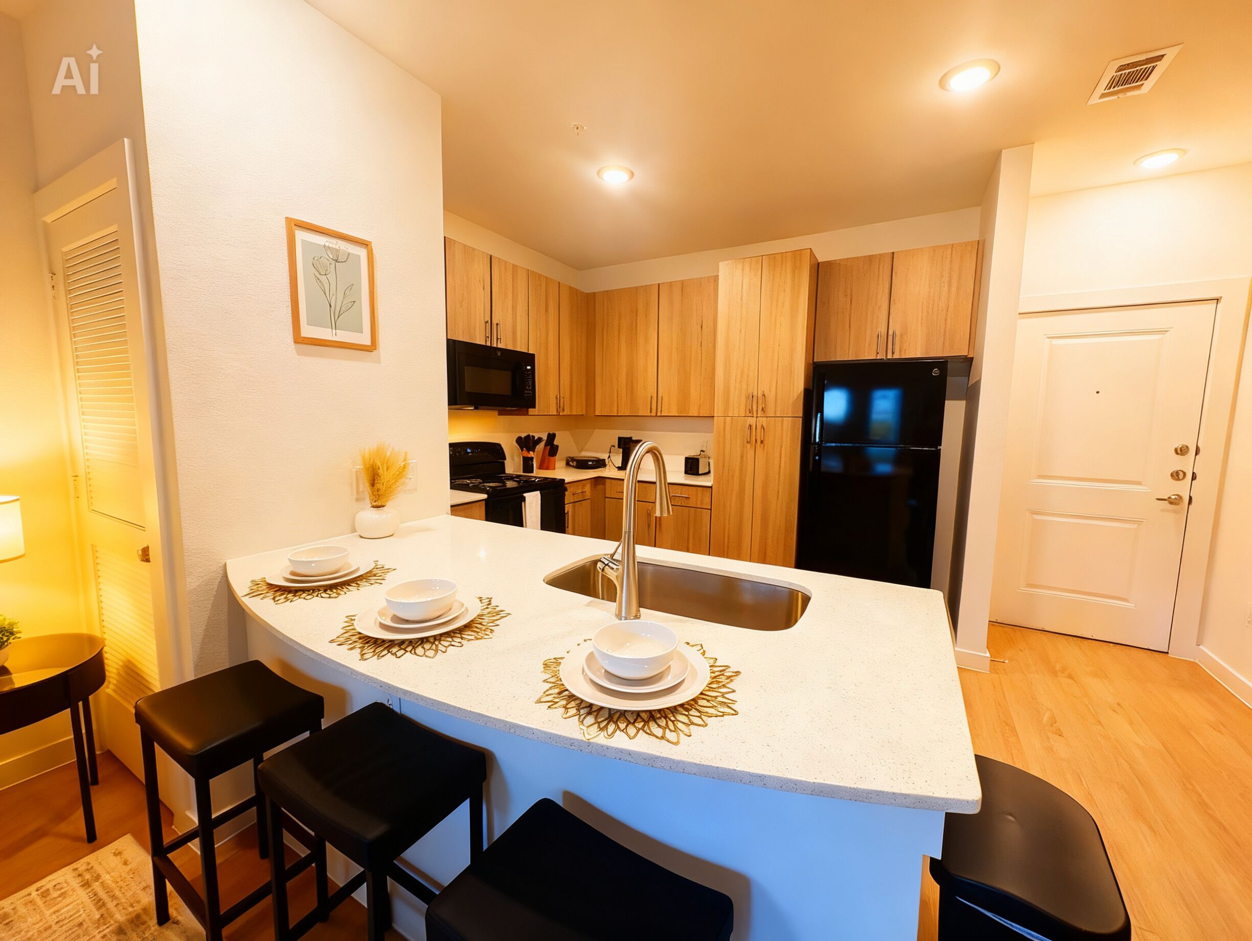 A modern kitchen with a central island, stainless steel appliances, and wooden cabinets.