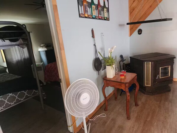 A room with a bunk bed, a fan, a small table with a plant, and a wood-burning stove.