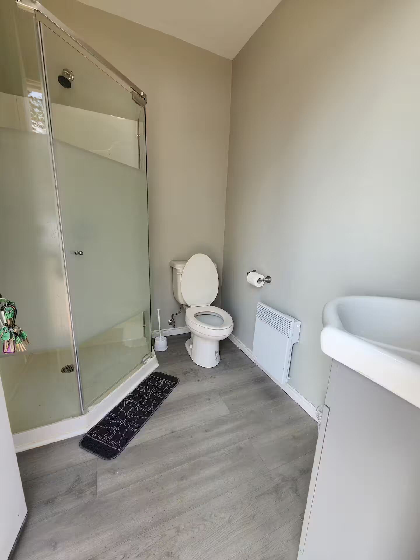 Een badkamer met een douchecabine van glas, een toilet, een radiator en een wastafel.