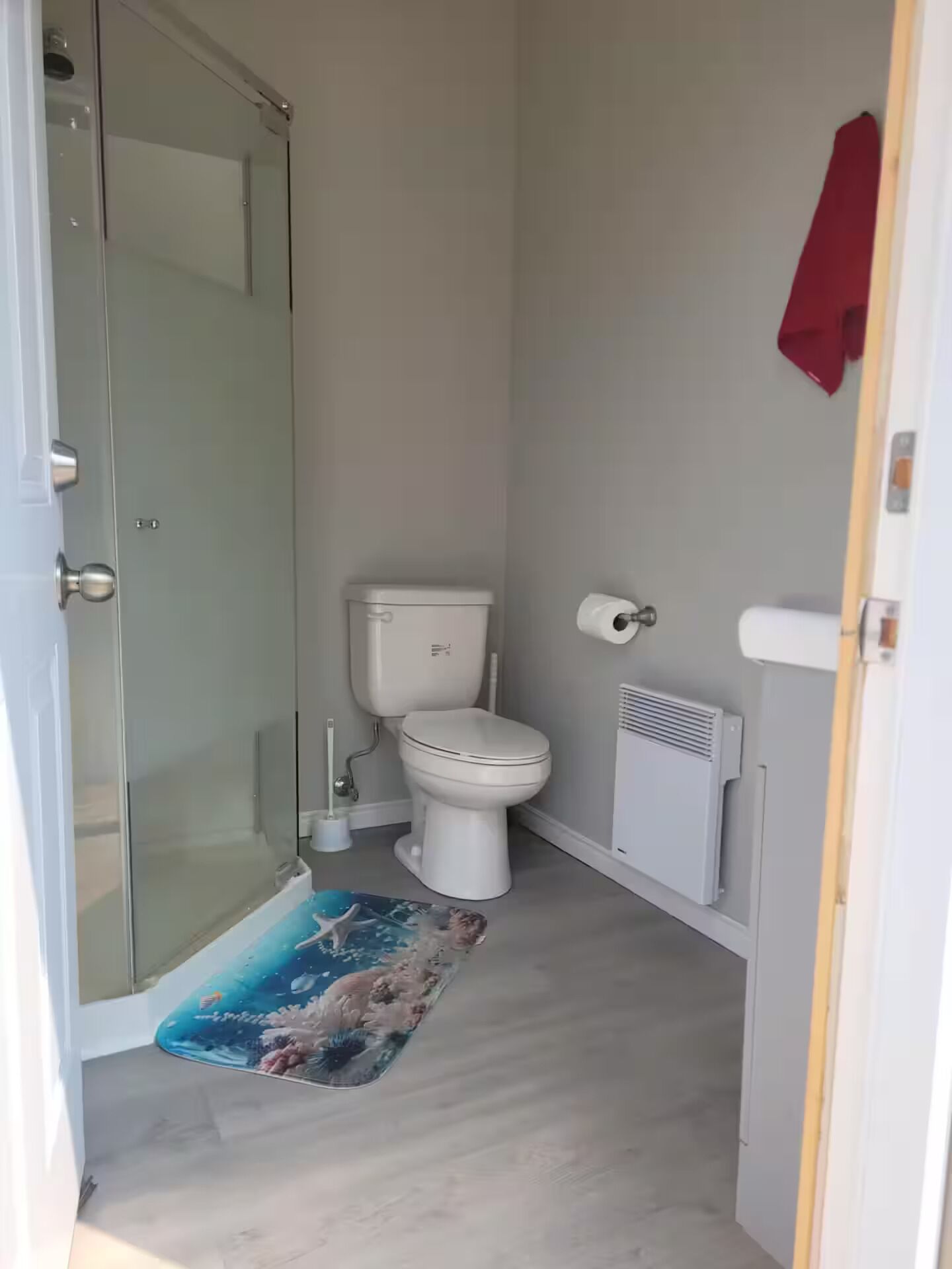 A compact bathroom with a glass shower enclosure, a toilet, and a radiator.