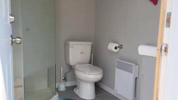 A compact bathroom with a glass shower enclosure, a toilet, and a radiator.