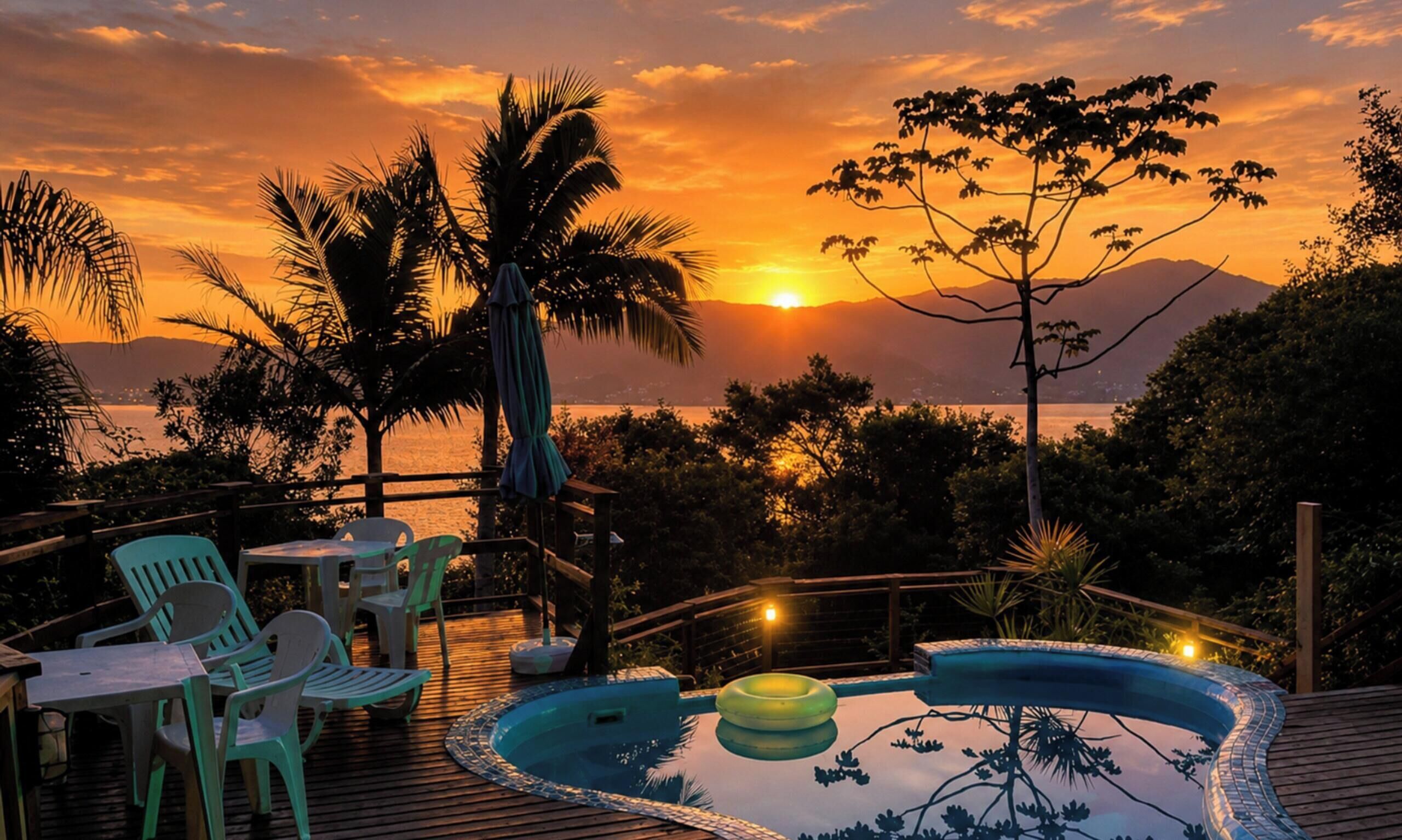 Vista do pôr do sol com piscina, cadeiras e mesa em um deck de madeira.