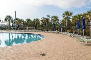 Un espace piscine doté d’une piscine aux formes arrondies, de chaises longues et de palmiers.
