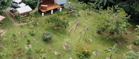 Une maison avec un toit en tuiles, entourée d’une pelouse bien entretenue et de diverses plantes.