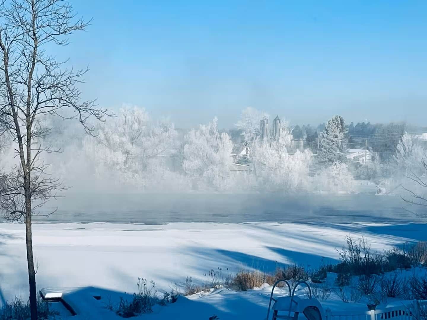 Paisatge nevós amb un llac gelat, arbres sense fulles i un cel serè.