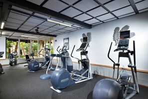 A gym with various exercise machines, a large window with a view of greenery, and a ceiling with a grid pattern. - Tropical Beach Retreat (Oceanside)