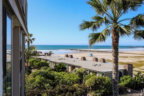 A view of a beach with a building in the foreground, featuring a palm tree and a clear blue sky. - Harbor Horizon Retreat (Oceanside)