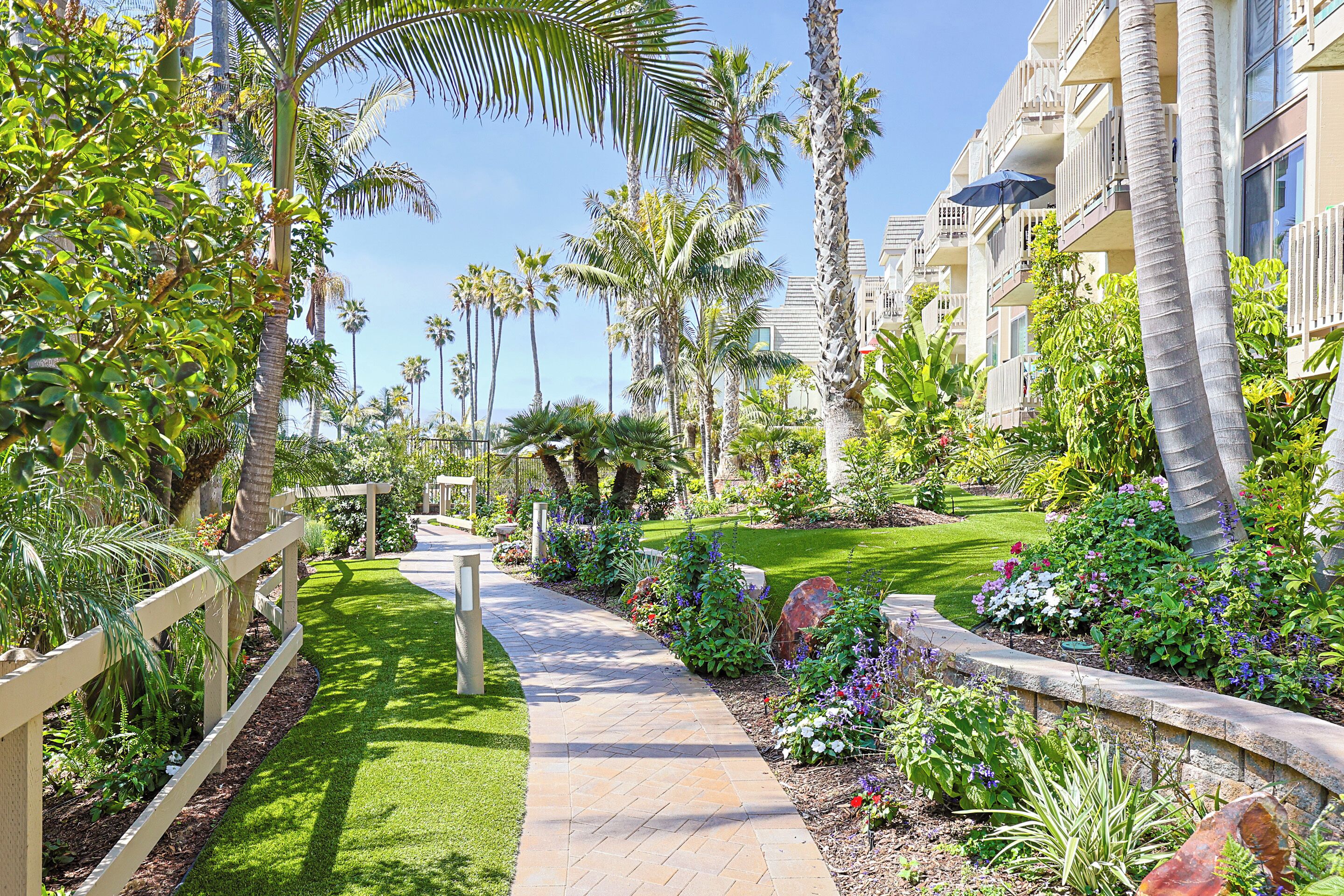 A pathway lined with palm trees and a variety of plants, leading to a building with balconies.