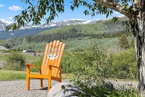 Ein Holzstuhl mit Tiger-Design in einer natürlichen Umgebung, im Hintergrund Berge.
