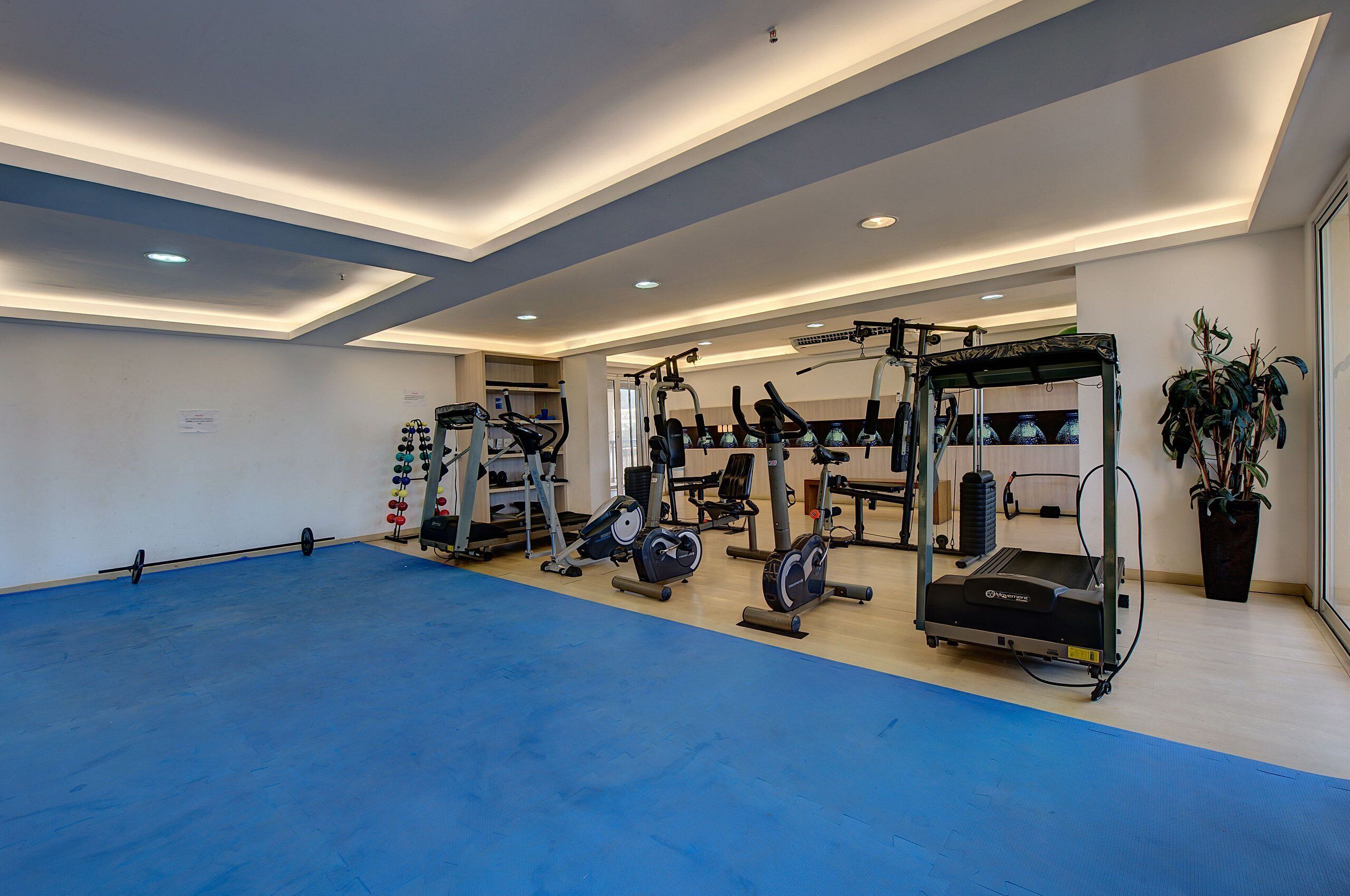 Une salle de sport spacieuse, équipée de divers appareils d’exercice, dotée d’un sol bleu et d’un plafond avec des luminaires encastrés.