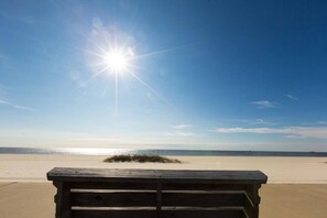 Eine Holzbank an einem sandigen Strand, bewölkter Himmel und Sonnenschein.