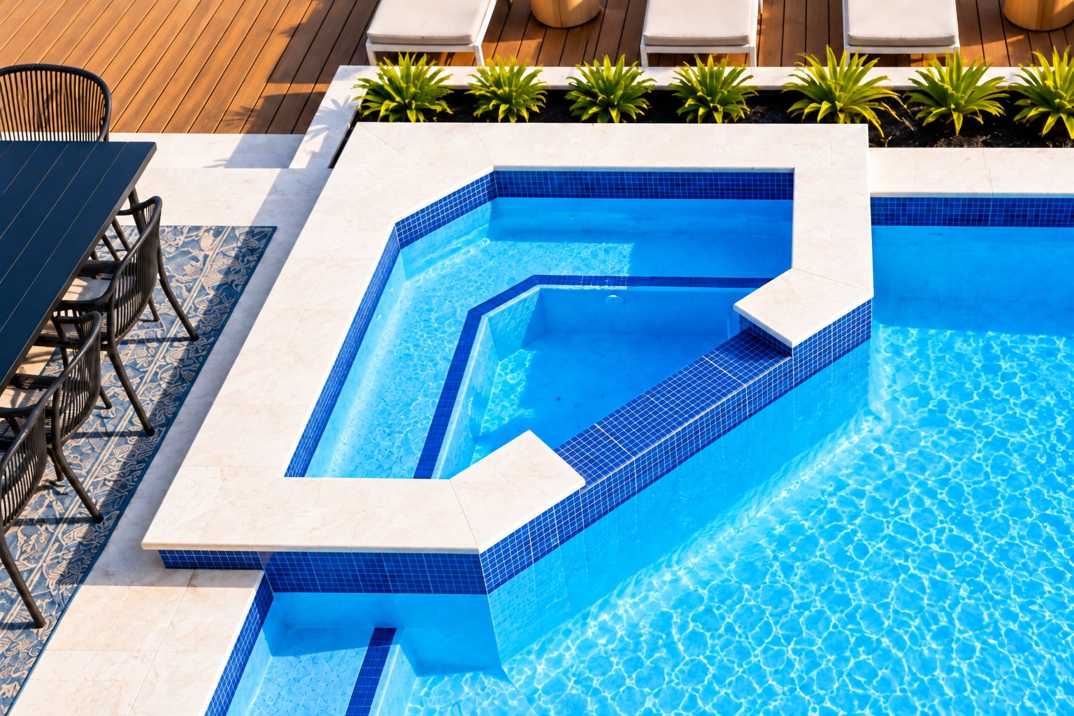 A swimming pool with a geometric design, surrounded by lounge chairs and a dining area with outdoor furniture.