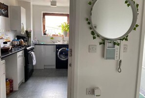 A compact kitchen with a washing machine, a sink, and a window with plants.