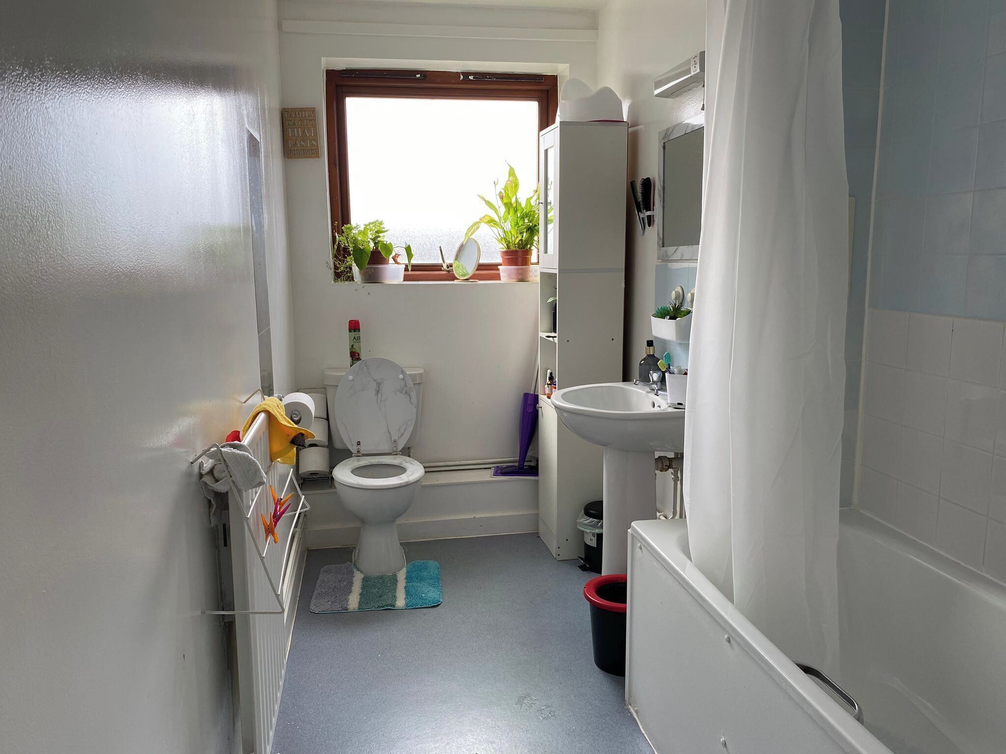 A compact bathroom with a toilet, sink, and a window with plants.