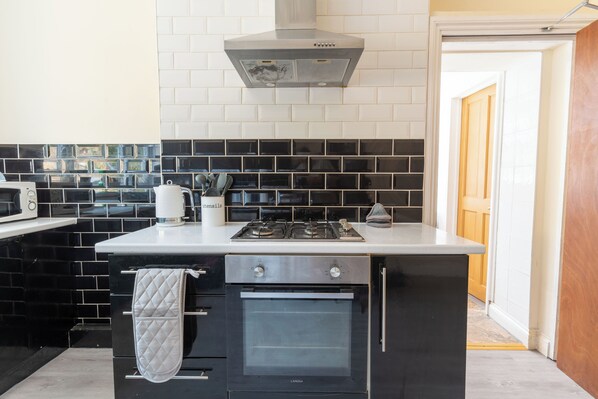 Fridge, microwave, oven, electric kettle