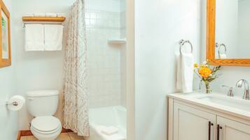 A bathroom with a toilet, a shower, and a sink with a mirror.