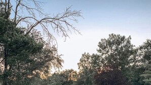 A park with a pond, trees, and a clear sky. - The Ruby Ranch House nestled behind Peyton Lake (Indianapolis)