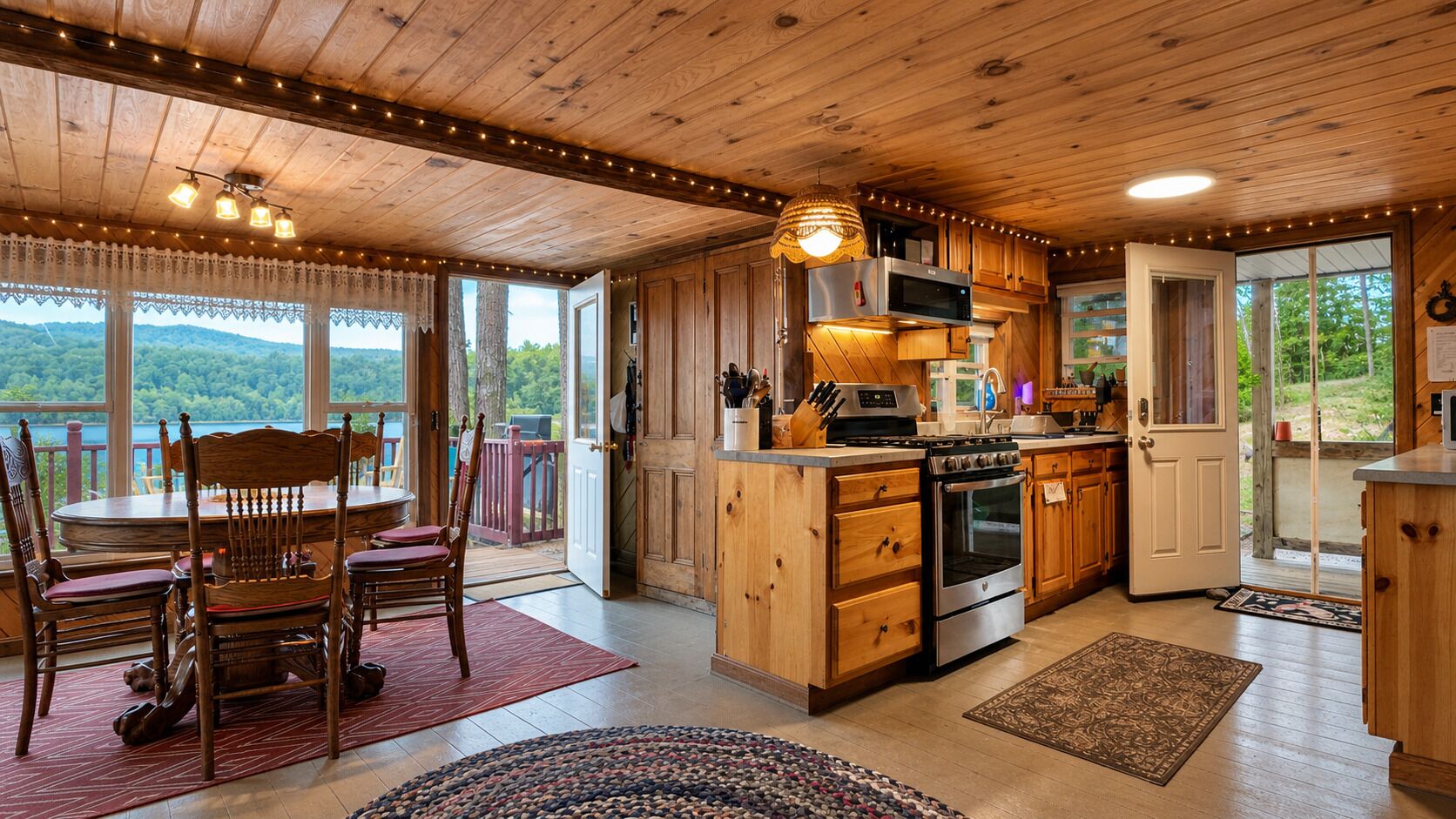 A wooden cabin interior with a dining area, kitchen, and large windows overlooking a forested landscape.
