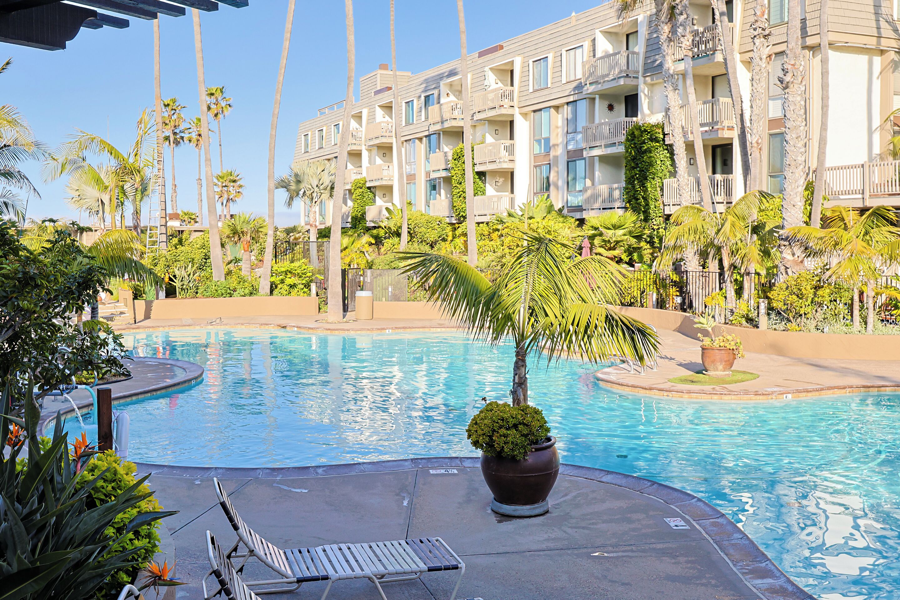 A pool area with lounge chairs, palm trees, and a multi-story building with balconies.