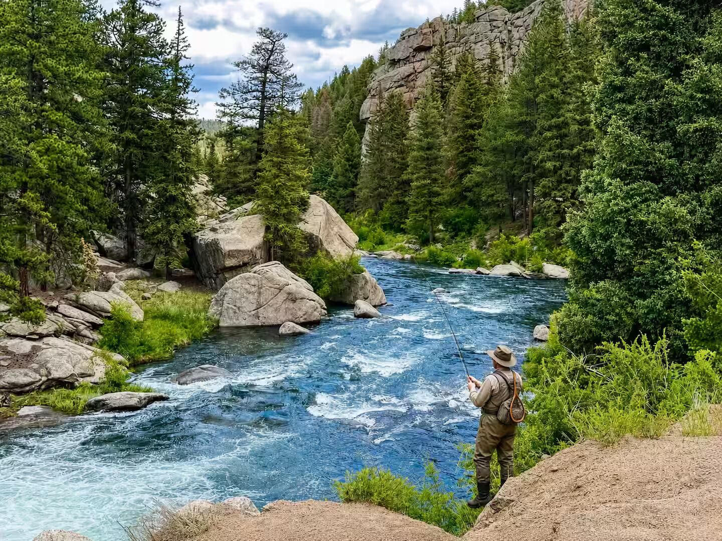 A person fishing by a clear river surrounded by dense forest and large rocks.
