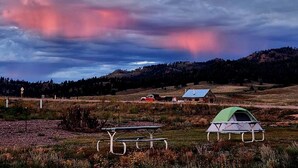 Ein Campingplatz mit einem grünen Zelt, einem Picknicktisch und einer Hütte im Hintergrund.