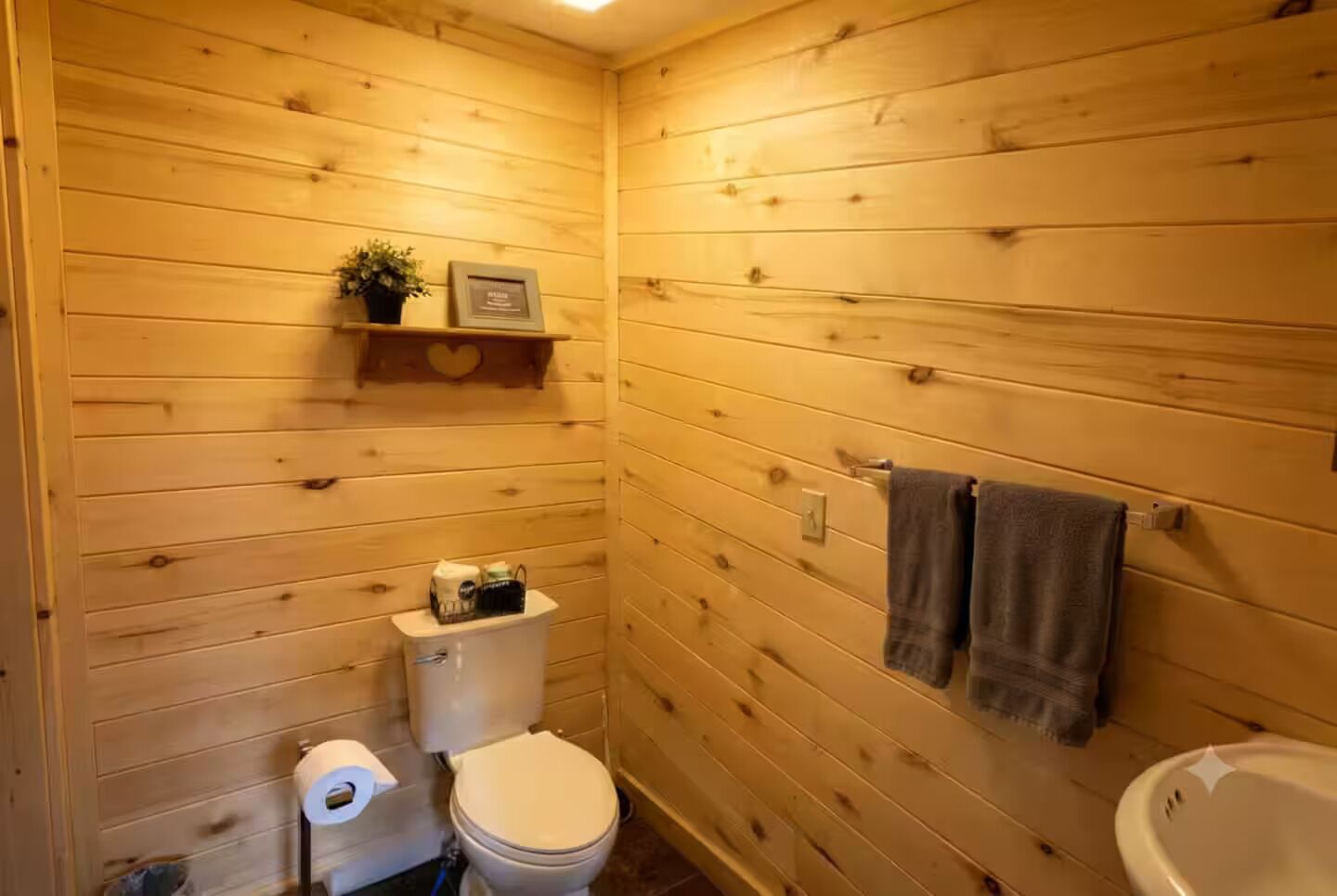 Ein Badezimmer mit Holzwandverkleidung, einer Toilette, einem Regal mit einer Pflanze und einem Handtuchhalter.