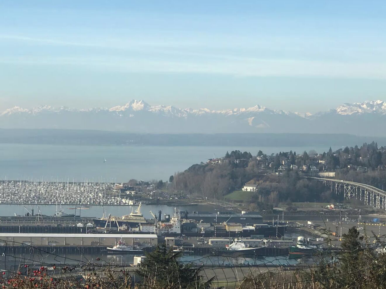 Un paysage urbain côtier avec un port de plaisance, un pont et des montagnes à l’horizon.