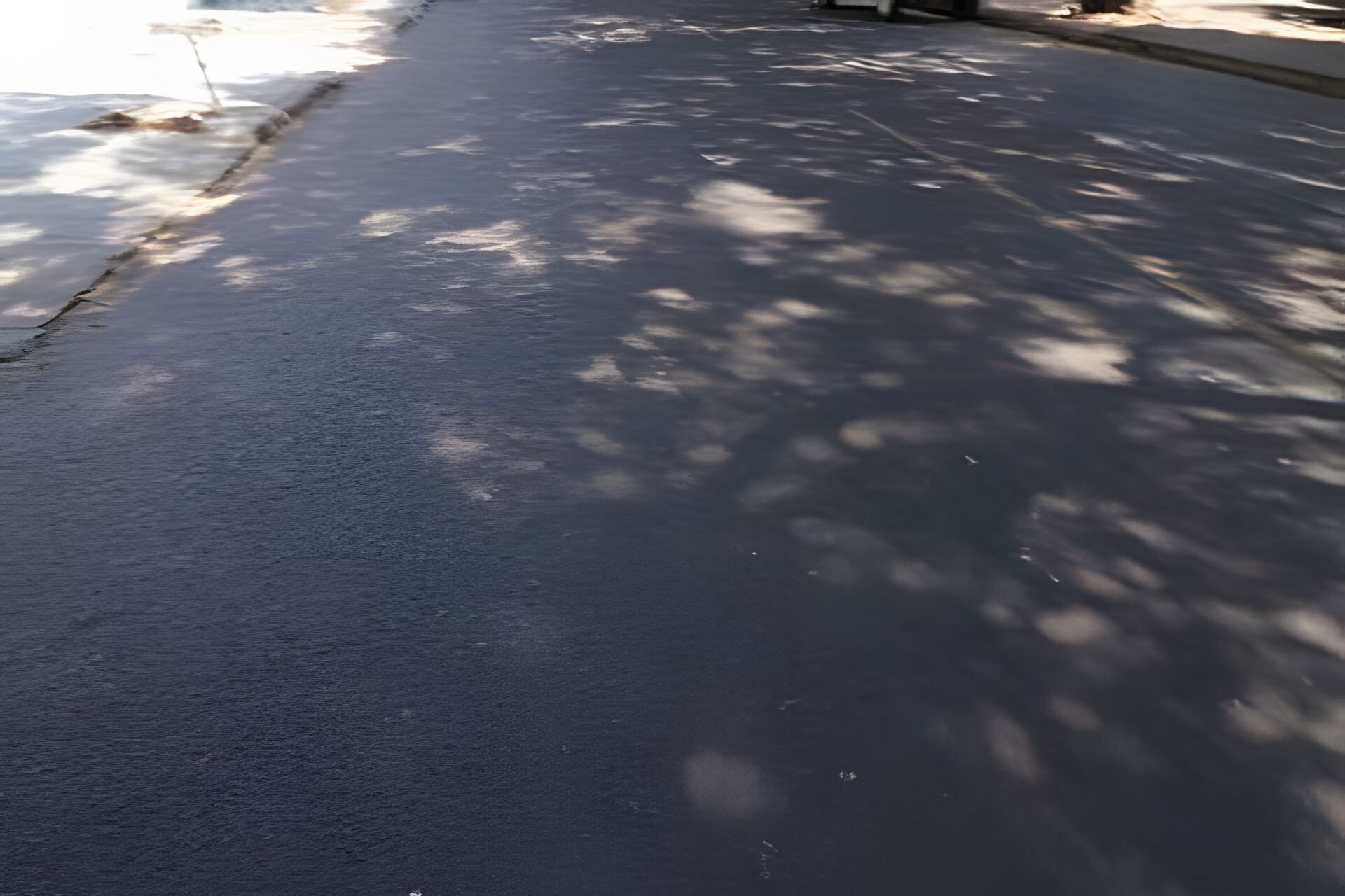 Superficie pavimentada con sombras de hojas, probablemente de árboles, que sugieren una zona con sombra.