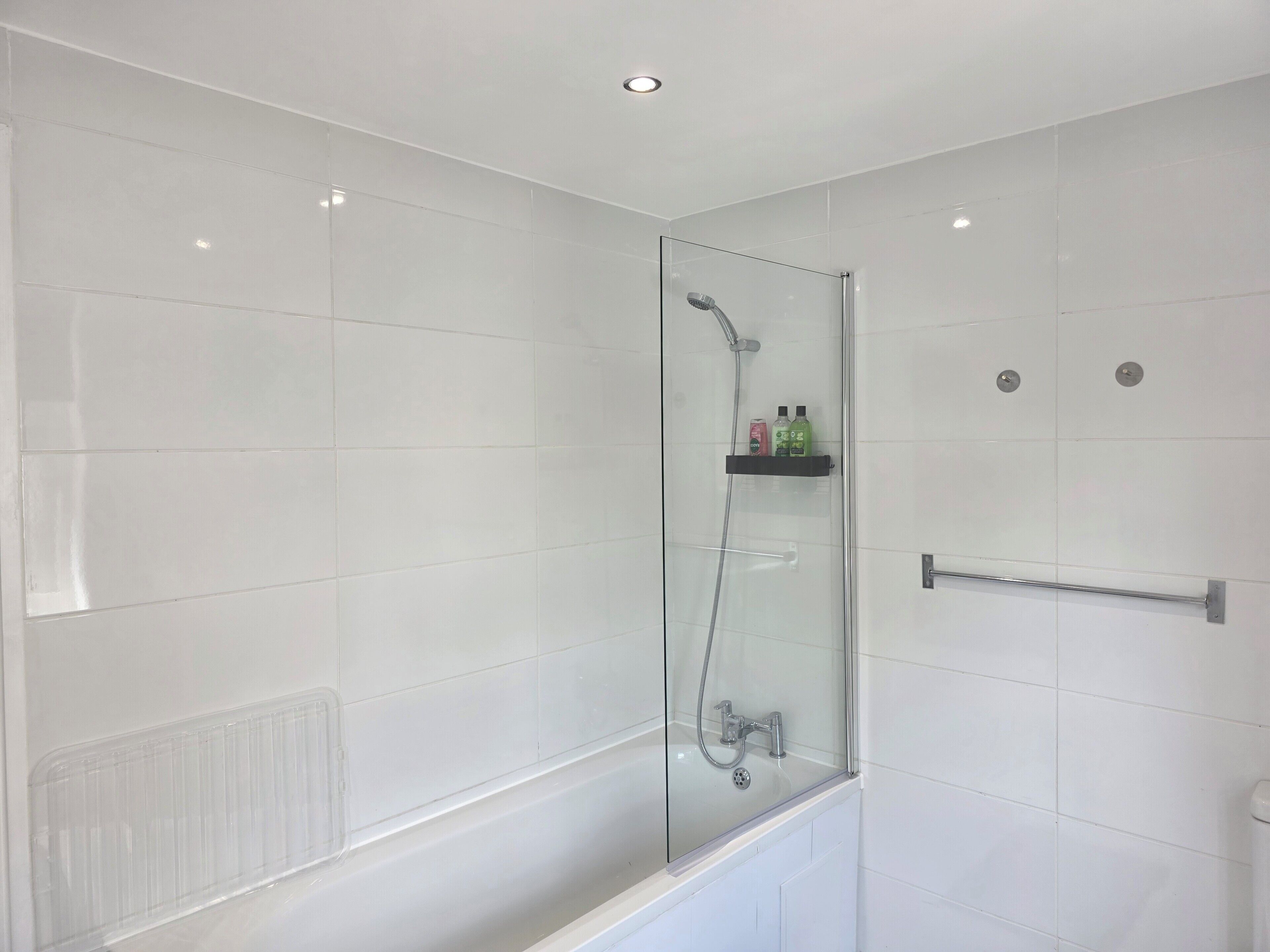 Shower, towels, soap, toilet paper
