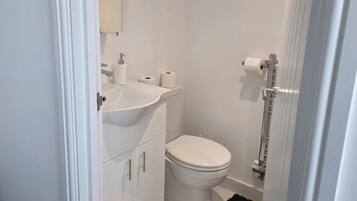 Shower, towels, soap, toilet paper