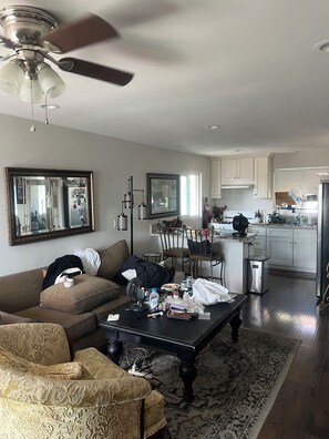 Ein Wohnzimmer mit Deckenventilator, ein Essbereich mit Stühlen, eine Küche mit Schränken und einem gemusterten Teppich.