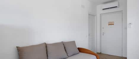 A room with a sofa, a door, and an air conditioning unit.