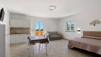 A compact living space with a kitchenette, a dining area, a sofa, and a bed.