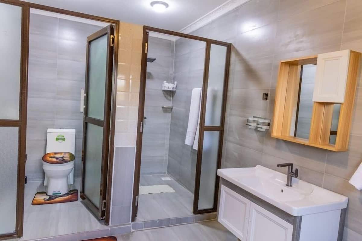 Separate tub and shower, free toiletries, hair dryer, slippers