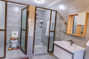 Separate tub and shower, free toiletries, hair dryer, slippers