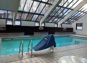 An indoor swimming pool with a covered diving board, clear glass ceiling, and warning signs on the walls.