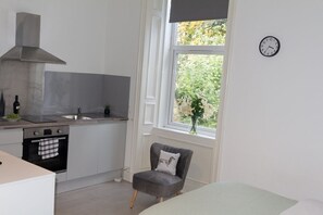 Eine kompakte Küche mit Herd, Backofen und Spüle, ein Fenster mit Blick auf Grünflächen und ein Stuhl mit Kissen.