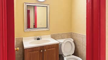 A bathroom with a white sink, wooden cabinets, a toilet, and a mirror on the wall.